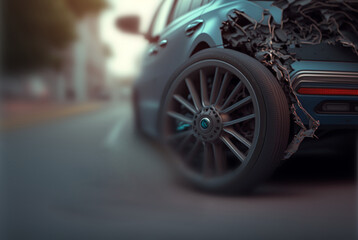 a damaged car, car accident on a small road, damage to the engine and tires,