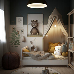 interior of a cozy children's room with a four-poster bed in beige tones