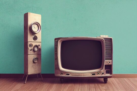 Old silver vintage TV with green screen to add new images to the screen, VCR on wallpaper background. Generative AI