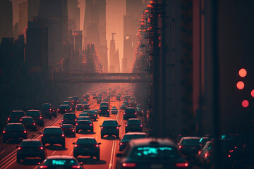 dark big city, fictional abstract city with masses of vehicles in traffic jams, traffic jams between high-rise buildings during rush hour - obrazy, fototapety, plakaty