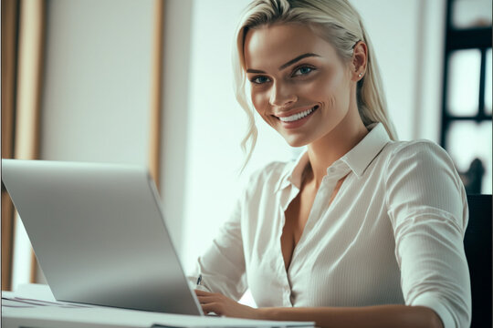 adult blonde woman with a smile has fun working on a laptop computer, sitting in an office on a white desk chair at a desk