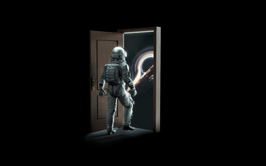 Obraz na płótnie Canvas 3D illustration of astronaut opens the door to space. 5K realistic science fiction art. Elements of image provided by Nasa