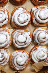 Freshly baked homemade Cinnamon rolls or Cinnamon buns on baking paper. Full frame shot