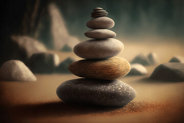 Fototapeta na wymiar Stacked zen stones sand background art of balance concept. Generative AI