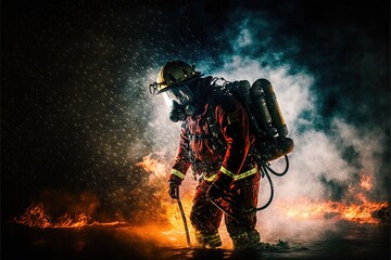 Obraz na płótnie Canvas Fireman In Full Gear With Extinguisher In Flame Generative AI