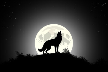 Silhouette of a wolf with the bottom moon
