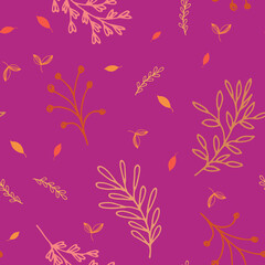 Fototapeta na wymiar orange floral branches on pink ground with yellow and orange leaves seamless pattern background