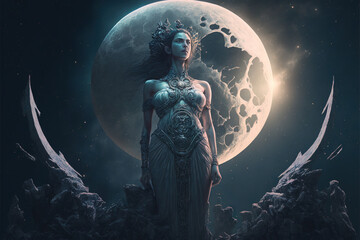 Obraz na płótnie Canvas The goddess of the moon - Goddesses series - Moon goddess background wallpaper created with Generative AI technology