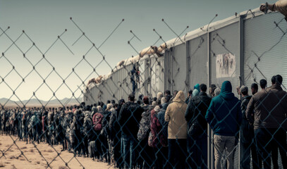 abstract fictional people at a high fence, at a fictional border or border crossing, refugees or immigrants standing in an endless queue or row along the fence