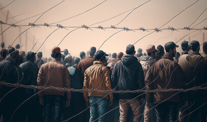 abstract fictional people at a high fence, at a fictional border or border crossing, refugees or immigrants standing in an endless queue or row along the fence - obrazy, fototapety, plakaty