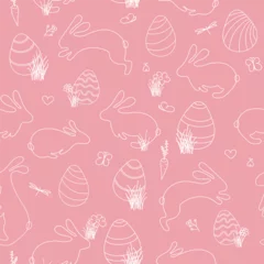 Foto op Aluminium Easter seamless pattern with doodle eggs and bunnies. White silhouettes of rabbits. Easter egg hunt concept. Cute childish flowers, insects and carrots. Vector illustration  © ugguggu