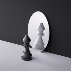 3d render, chess game piece, black bishop stands alone in front of the round mirror with white...