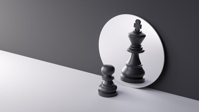 3d render, chess game white pawn piece stands in front of the round mirror with reflection of black king. Contradiction or ambition metaphor. Perceptual distortion concept. Minimalist composition