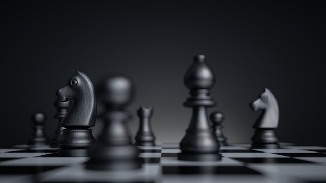 3d render, chess game black pieces stand on the chessboard over the black background. Pawn, bishop, knight, horse, rook