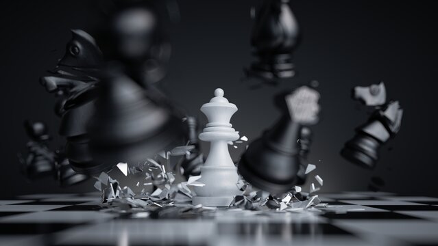 3d render, chess game battle. Queen's Gambit. White chess piece aggressive attack. Successful strategy, checkmate concept