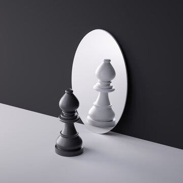 3d render, chess game piece, black bishop stands alone in front of the round mirror with white reflection. Duality metaphor. Contradiction concept. Minimalist background