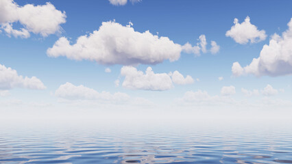 3d rendering, abstract seascape background, white clouds in the blue sky above the calm water....