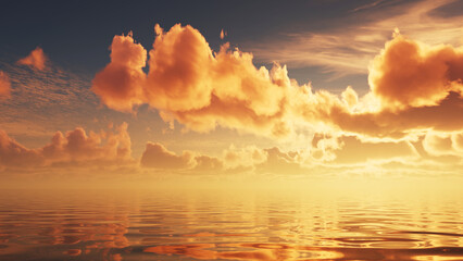 3d render, abstract landscape background, seascape sunset, golden sunlight and clouds above the...