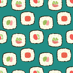 Seamless pattern with maki sushi on a turquoise background
