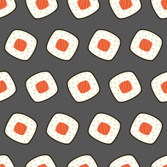 Seamless pattern with sushi rolls in geometric pattern on a gray background