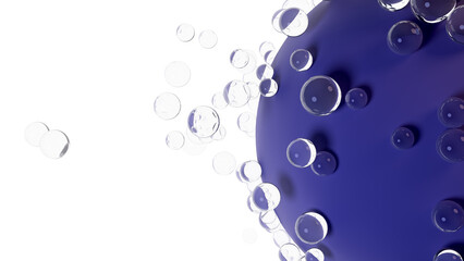 Sphere surrounded by liquid water drops. 3D illustration.