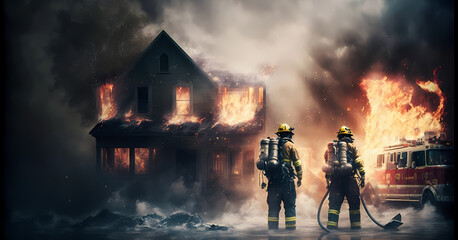 Team of firefighters put out fire ignited in house. Burn rescue service concept. Generation AI