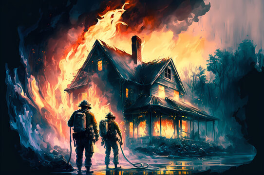 Team Of Firefighters Put Out Fire Ignited In House. Burn Rescue Service Concept. Generation AI