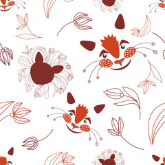 Seamless drawing of cat faces and sprigs of flowers. Vector illustration in the style of a doodle in red tones.