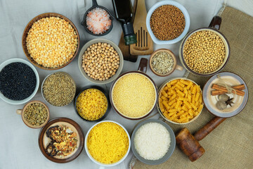 Various vegetarian organic foods in bowls. Rural and farm view. Top view. Copy space.