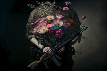 Fototapeta na wymiar Concept pacifism, anti war demonstration for peace. Image modern soldier with weapons and flowers. Generation AI