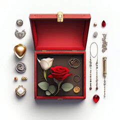 gift box, red box, some rose and jewellery