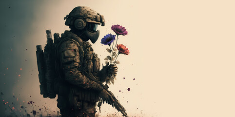 Image modern soldier with weapons and flowers. Concept banner pacifism, anti war demonstration for peace. Generation AI - obrazy, fototapety, plakaty