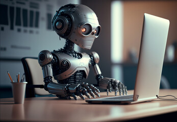 a child robot at a computer, humanoid android artificial intelligence