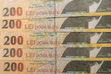 Stack of LEI Romanian money. RON Leu Money European Currency (200 lei banknotes)