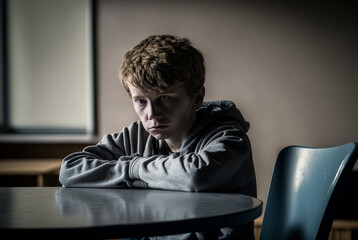 a sad or depressed or angry teenager on a chair in a classroom, fictional person in fictional place - obrazy, fototapety, plakaty