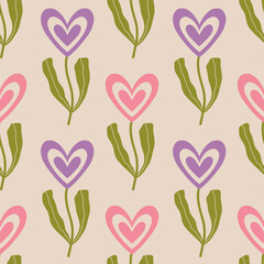 Aesthetic Retro Romantic printable groovy hearts seamless pattern. Decorative Hippie Naive 60's, 70's style Vintage modern background in minimalist style for fabric, wallpaper or wrapping