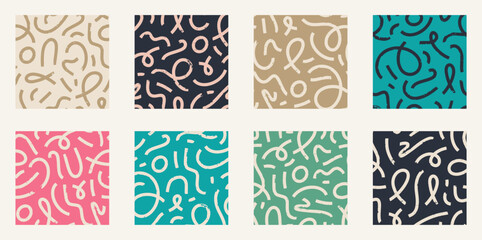 Set of Aesthetic Contemporary printable seamless pattern with abstract Minimal elegant line brush stroke shapes and line in retro colors.