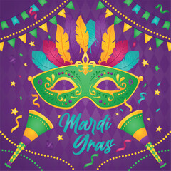 Isolated green venetian mask with feathers Mardi gras poster Vector illustration