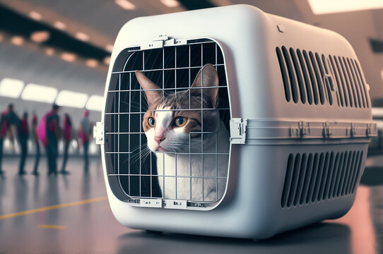 Happy traveler cat in carrier cage transportation for safe transport trip box. Concept animal travel. Generation AI