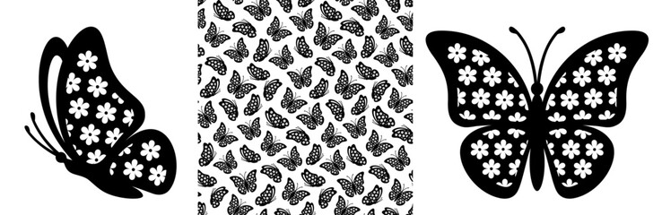 Side view flower monarch butterfly silhouette and seamless pattern. Spring butterfly icon and floral seamless texture. Vector graphic illustration for print design, greeting card and certificate