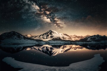 Milky way over snowy Mountains at night