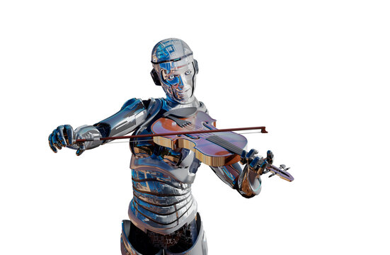 the robot plays music on musical instruments as a symbol of neural networks that create music 3d render