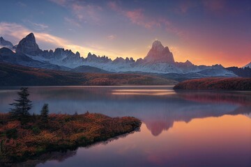 Fototapeta na wymiar Inckredible autumn landscape during sunset. Fairy tale moutain lake with picturesque sky, majestic rocky mount and colorful trees glowing sunlight. Amazing nature scenery. Federa lake.. Generative AI