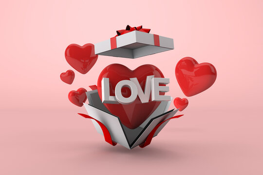 3d love with floating gift box and red heart