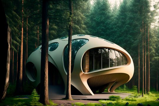 Modern house in the shape of a sphere in the forest, futuristic design, eco house in 3d