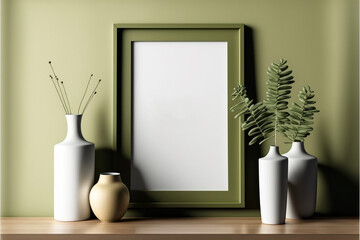 Empty olive green color frame mock up and small vases.Green color isolated wall.Created with generative ai