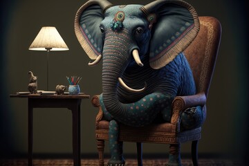 amazing colorful elephant sitting in an armchair