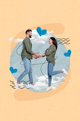 Romantic photo picture collage poster postcard of two happy people hands hold touch rejoice marriage isolated on painted background