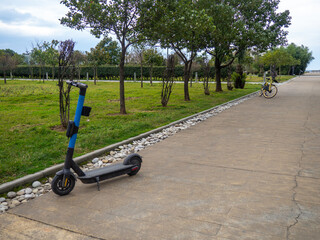 Bicycle rental in the park. Parked bike. Transport for rent. On a walk in the resort town. In the park of the southern city.