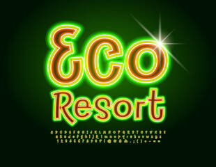 Vector trendy banner Eco Resort with glowing Font. Set of Neon artistic style Alphabet Letters, Numbers and Symbols